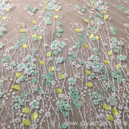 Green Beaded Wedding lace Handwork Fabric